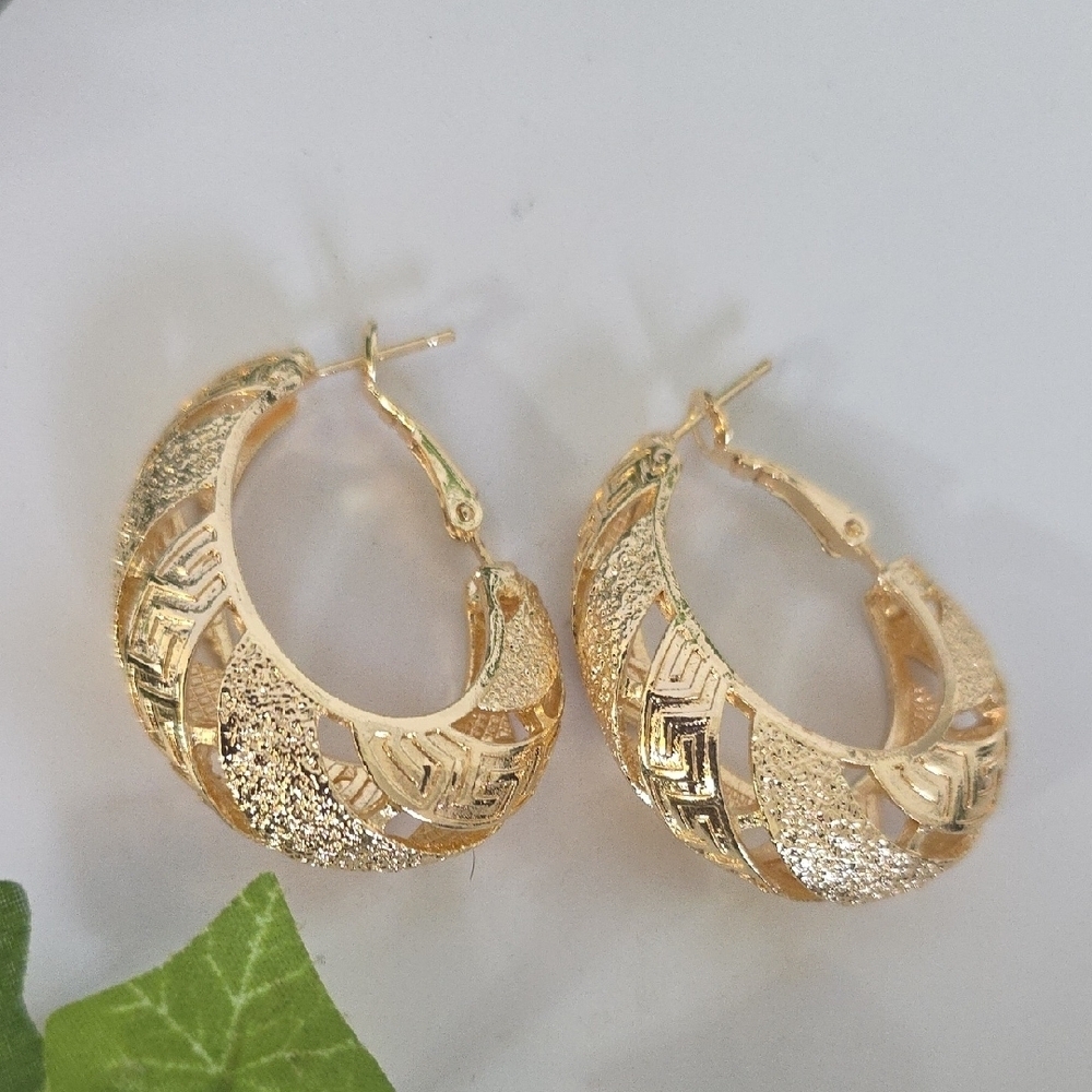 Gold Filled Oval Hoop Earrings Shimmer Greek Key